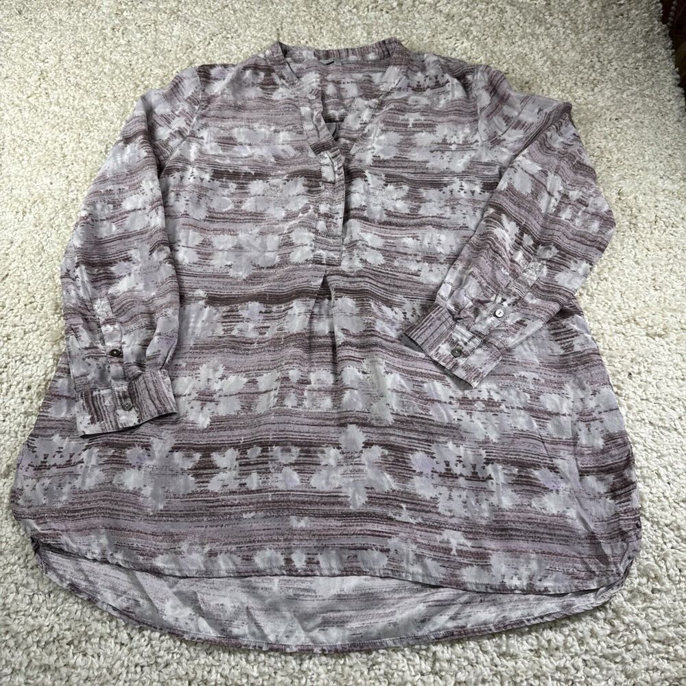 John Mark Purple 100% Silk Tunic Top L Gray‎ Long Sleeve Floral Print Popover